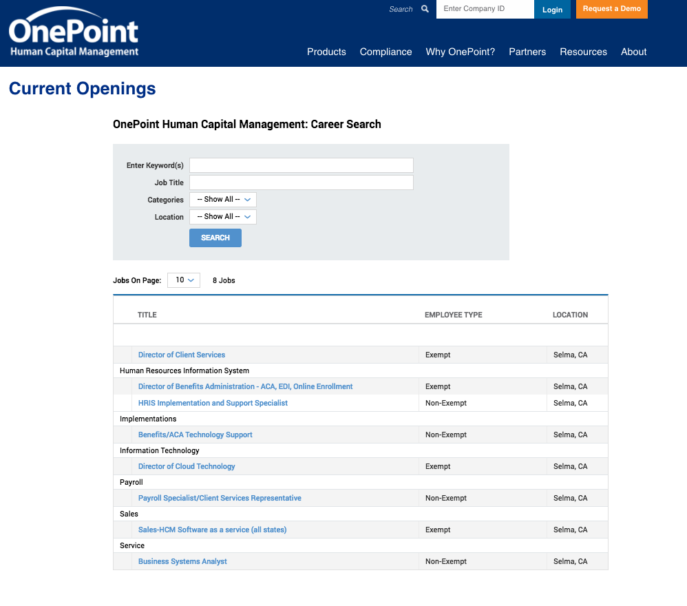 OnePoint HCM job listing web search